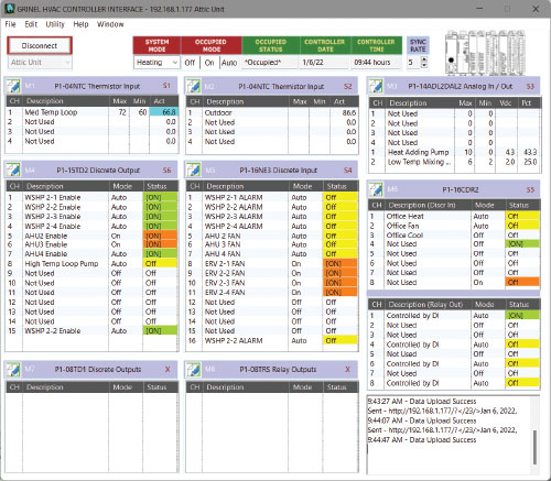 A spreadsheet showing the readout of a Grinel HVAC Controller Interface for an attic unit.