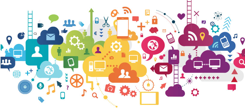 Illustration of various devices, cloud technology, and manufacturing elements.