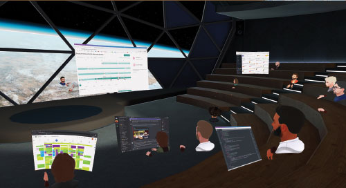 VR: Real people collaborate in a virtual room,  sharing screens and a whiteboard. Source: Immersed