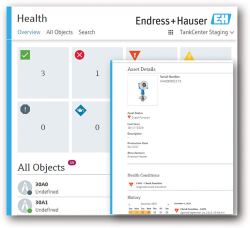 Figure 2. Dashboards and popups in an advanced tank gauging system provide an at-a-glance view of device health, event history, and other information.