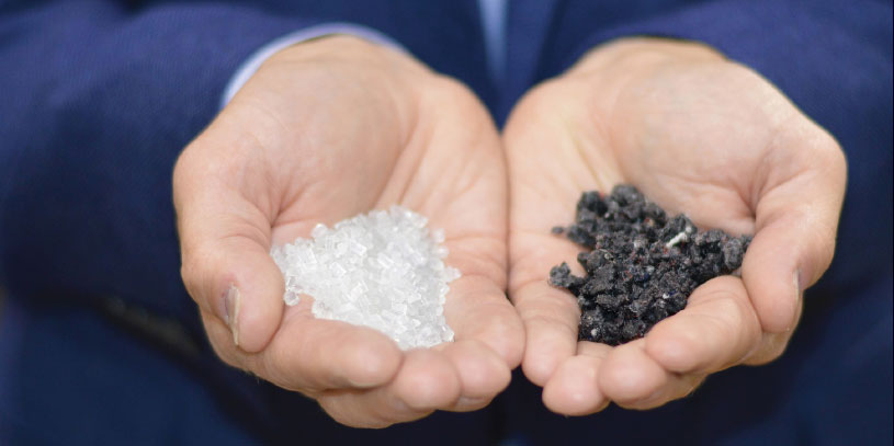 Figure 2. Mechanically recycled plastic is cleaned and re-compounded into a grey or black plastic (right), which has a limited number of use cases that don’t require a specific color or residual-odor specification.