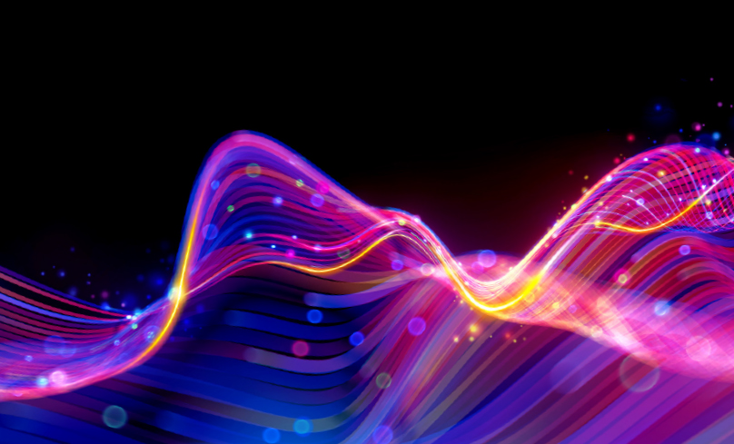 Colorful graphic of wires of light weaving in a pattern, while light shines through them.