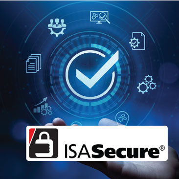 ISASecure logo over rendering of digital technology that it serves.