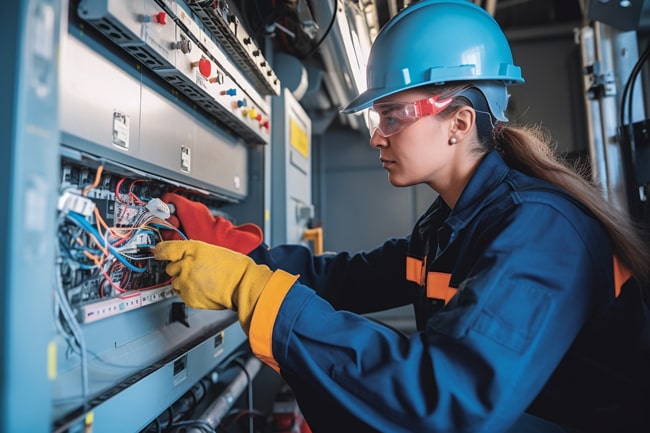 XTBC-ISA Training image of electrician working on a fuse box, adorned with safety equipment